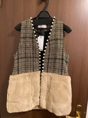 Vin 트위드 펄 장식 퍼 베스트 택 포함 새상품