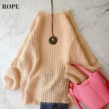 로페 핑크 모헤어 니트 스웨터 루즈핏 립 조직 긴팔