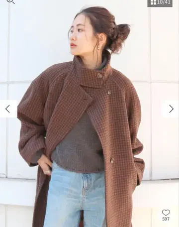 Ungrid 스탠드 카라 루즈 체크 코트