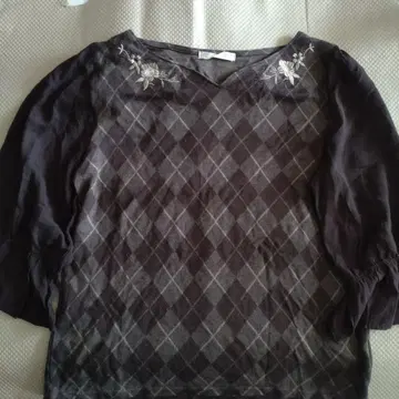 다크 브라운 체크 무늬 오버사이즈 반팔 상의