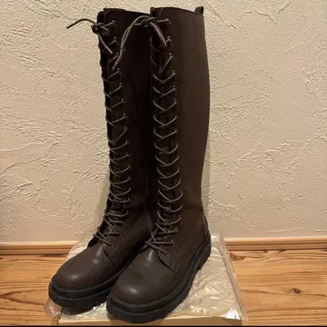 브라운 레이스업 롱 부츠 24.5 25