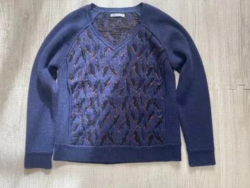 아카네 우츠노미야 울 자카드 니트 풀오버 네이비