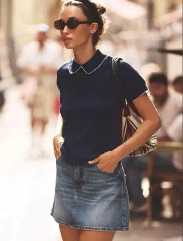 택 포함 새상품 ZARA 네이비 카라 부착 반팔 니트 S