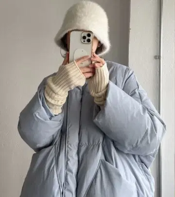 [ wee9s ] 노카라 다운 코트 머플러 세트 / 오버 사이즈 / 블루