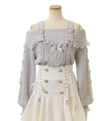 LIZLISA 하트 버클 프릴 오프숄더 니트 스카이블루