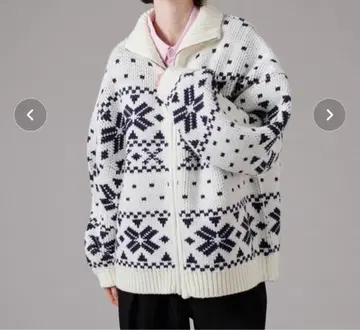 Oncily 화이트 네이비 눈 패턴 집업 가디건 L 사이즈