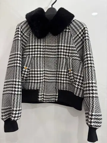 하운드 투스 퍼(털) 달린 숏 자켓