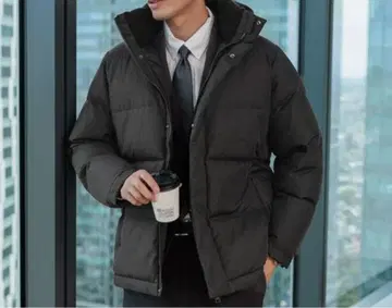 GLOBAL WORK 다크 그레이 후드 부착 다운 자켓 M