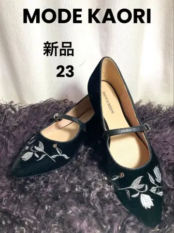 미사용 모드카올리 블랙 벨벳 꽃무늬 자수 플랫슈즈