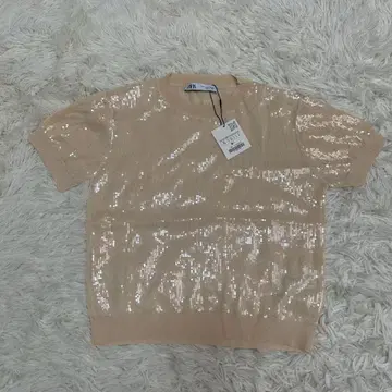 택 포함 새상품 ZARA 자라 스팽글 반팔 니트 상의 베이지