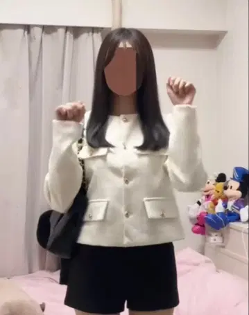 트위드 자켓 라운드넥 긴팔 무지 화이트