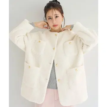 coca 푸들 금장 버튼 노카라 코트 아이보리 M 사이즈