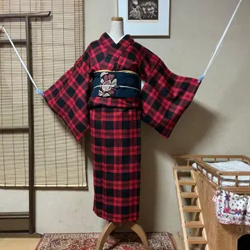 빨간색과 블랙 체크 무늬 기모노 기모노 울기모노 울기모노 S 145 63