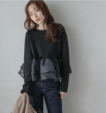 [택 포함 새상품] 라지엠 시어 프릴 페플럼 도킹 상의 블랙