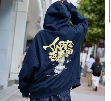 that's life 네이비 후드 부착 후드티 그래픽 프린트