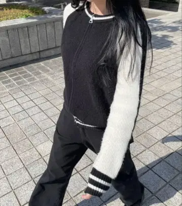 블랙 화이트 니트 스웨터 가디건 더블 지퍼 블루종