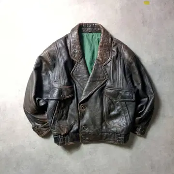 90s 에이징 양가죽 가죽 자켓 와이드 소매 크롭 기장 노코어