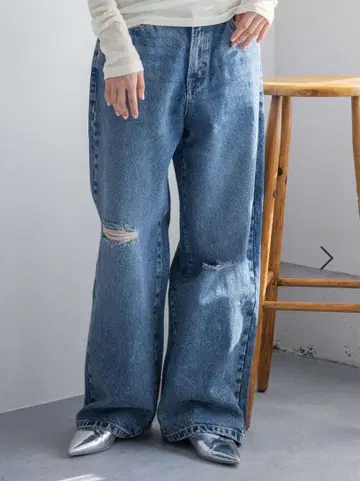 lowrysfarm 와이드 스트레이트 데님 팬츠 데미지 데님