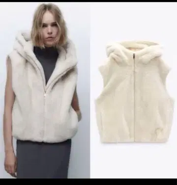 ZARA 아이보리 플리스 후드 부착 베스트 L