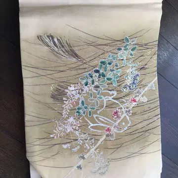 미사용품 나고야 오비 베이지 꽃무늬 토끼