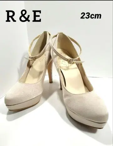 R&E 베이지 스트랩 하이힐 펌프스 23cm 통굽 핑힐