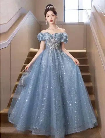 티아라 파니에 포함 롱 드레스 스카이블루 축제 분장 신데렐라 드레스