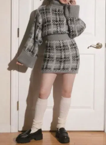 [ bubbles ] 체크 무늬 니트 원피스