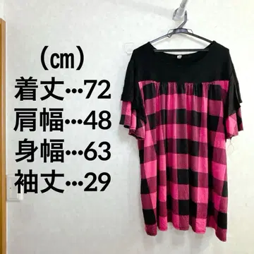 핑크와 블랙 체크 무늬 반팔 튜닉 루즈핏 빅 사이즈