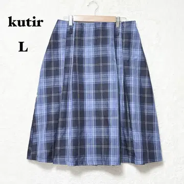 쿠틸 플리츠 스커트 턱 L 블루 체크 무늬 2way 종아리 기장