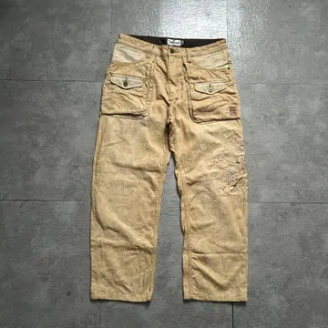 카라쿠리타마시 일본풍 패턴 자수 팬츠 와이드 스트레이트 배기 일본풍