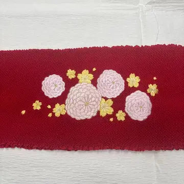 빨간색 꽃무늬 자수 오비 장식 천 실크 100%