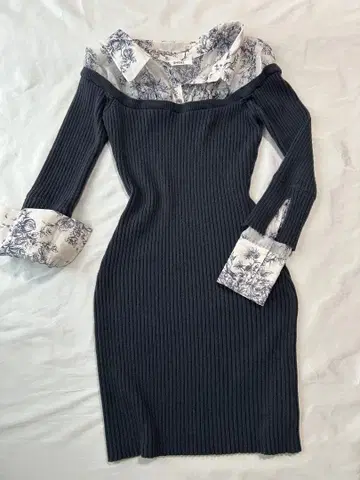 SNIDEL 꽃무늬 시어 셔츠 도킹 니트 타이 원피스