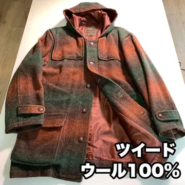 BAZZANTI 트위드 울 코트 쉐도우 스트라이프 후드 부착 L