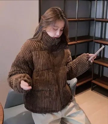 브라운 코듀로이 다운 자켓 S 충전솜 블루종