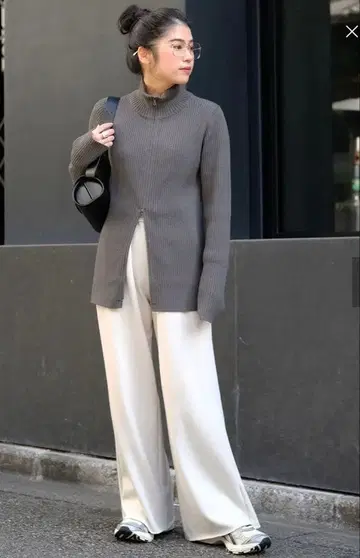 AP STUDIO 더블 지퍼 리브 니트 가디건 그레이