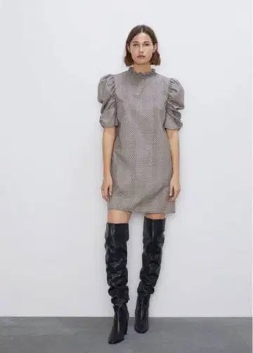 Zara 체크 개더 원피스 퍼프 슬리브