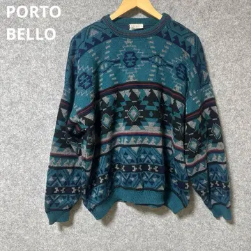 PORTO BELLO 빈티지 기하학 패턴 블루 계열 니트 스웨터 긴팔
