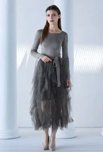 ariu Tulle raffle docking knit dress