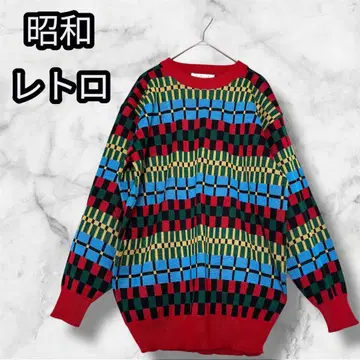 쇼와 레트로 / 기하학 패턴 니트 스웨터 멀티 컬러 화려함