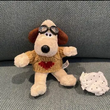 그루미트 봉제 인형 키링 브라운 하트 니트 & 도트 팬츠 & 고글 포함