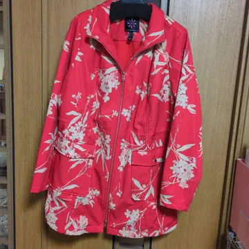 선명한 주홍색 꽃무늬 자켓 (안감 플리스) 후드 부착