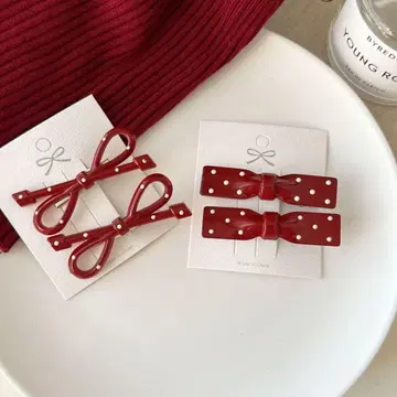 리본형 레드 헤어핀 2개 세트