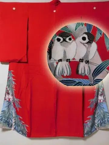 참새와 대나무 다이쇼 로망 앤티크 기모노 이로도메소데 빨간색