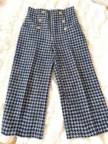 ZARA 트위드 와이드 팬츠 M 네이비 화이트 체크 무늬
