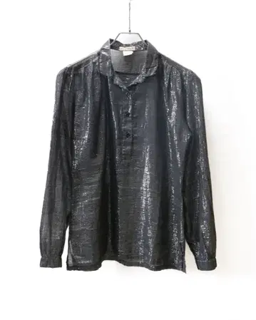 1980-90s 광택 스트라이프 긴팔 셔츠 블랙 폴로 시어 셔츠 풀오버