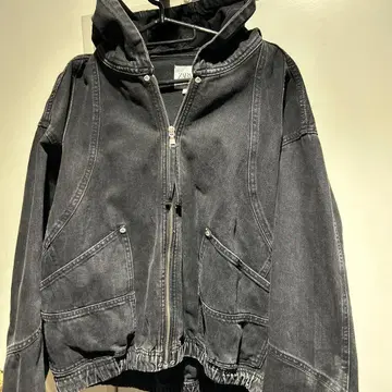 ZARA 데님 집업 후드티 블랙 짧은 기장 M
