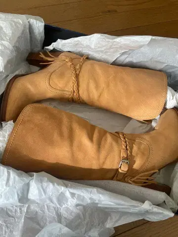 베이지 스웨이드 웨빙 벨트 롱 부츠 랄프 로렌