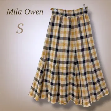 미라 오웬 체크 무늬 플레어 스커트 롱 린넨 100% 허리밴딩