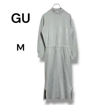 지유 GU 하이넥 니트 리브 절개 롱 원피스 M 라이트 그레이