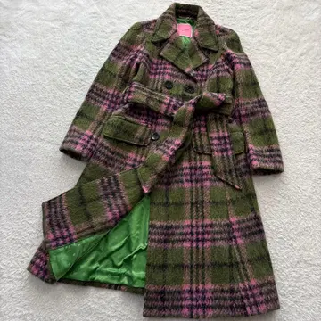 컨디션 최상 케이트 스페이드 플래드 타이 허리 코트 체크 울 샤기